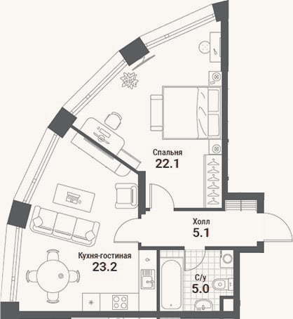 Планировка: 2-к, 55,7 м²