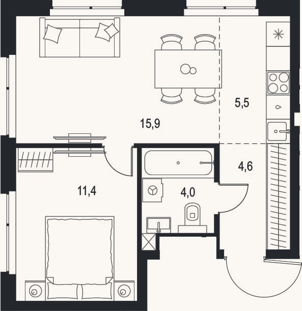 Планировка: 2-к, 41,4 м²