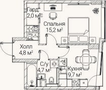 Планировка: 1-к, 36,7 м²
