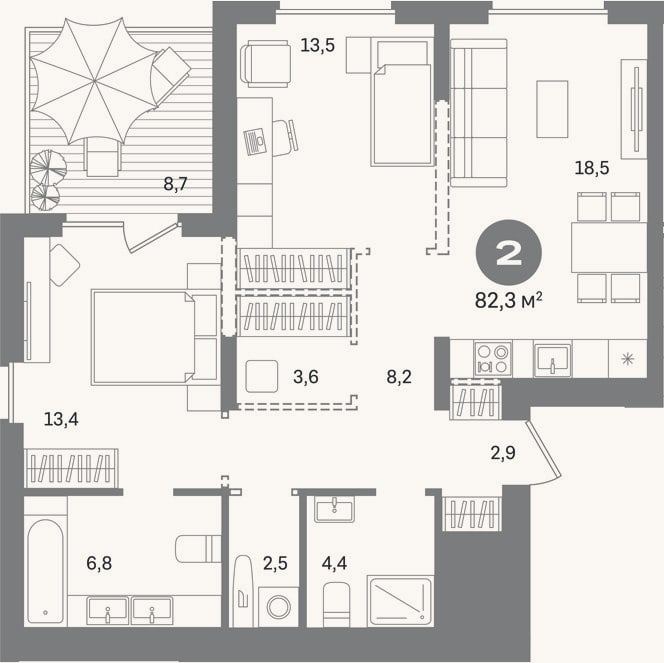 Планировка: 2-к, 73,6 м²