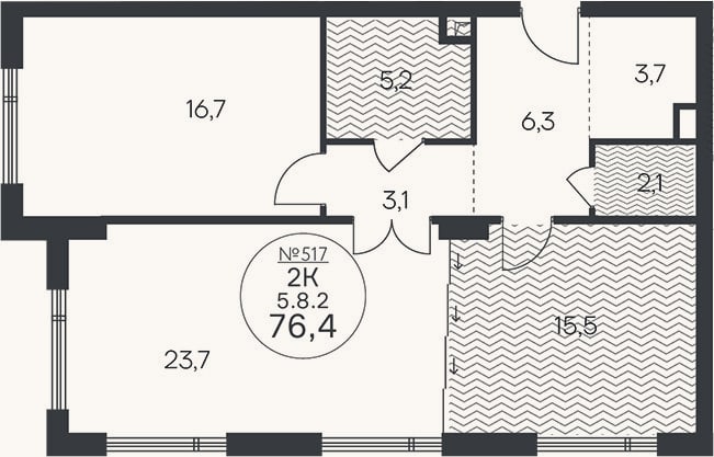 Планировка: 2-к, 76,4 м²