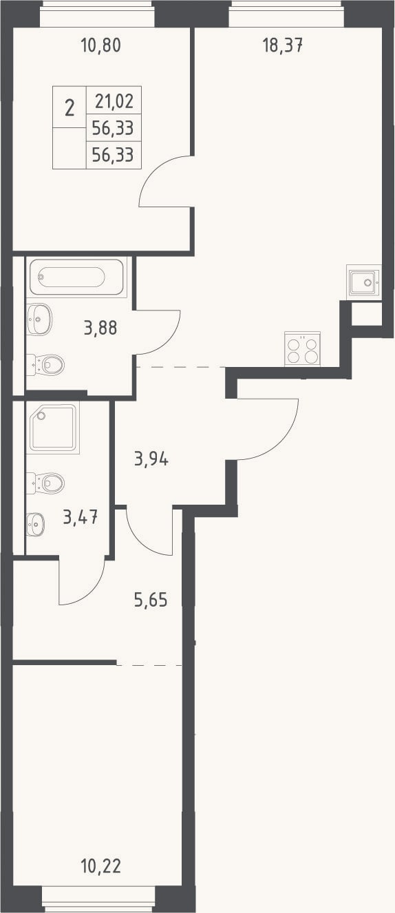 Планировка: 3-к, 56,3 м²