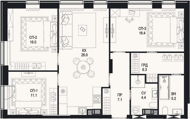 Планировка: 3-к, 92,5 м²