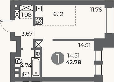 Планировка: 1-к, 42,8 м²
