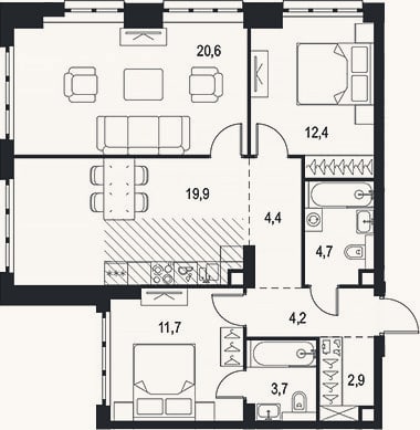 Планировка: 3-к, 84,5 м²