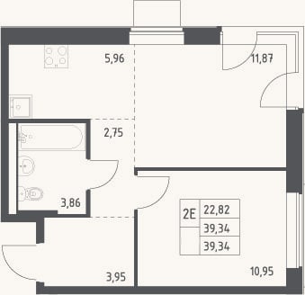 Планировка: 2-к, 39,3 м²