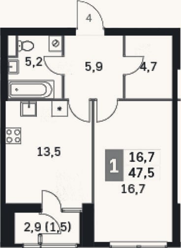 Планировка: 1-к, 43,9 м²