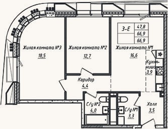 Планировка: 3-к, 66,9 м²