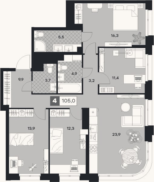 Планировка: 4+ к, 105 м²