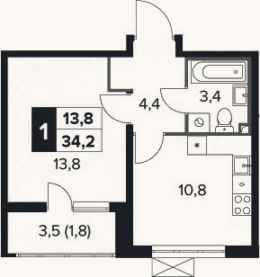 Планировка: 1-к, 32,4 м²