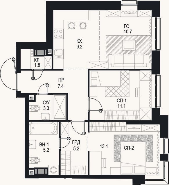 Планировка: 3-к, 67,1 м²