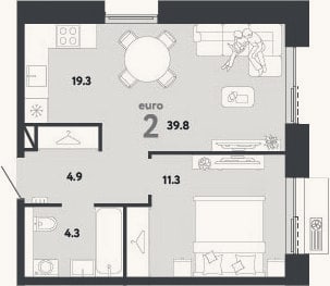 Планировка: 2-к, 39,8 м²
