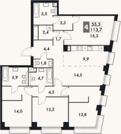 Планировка: 4+ к, 113,7 м²