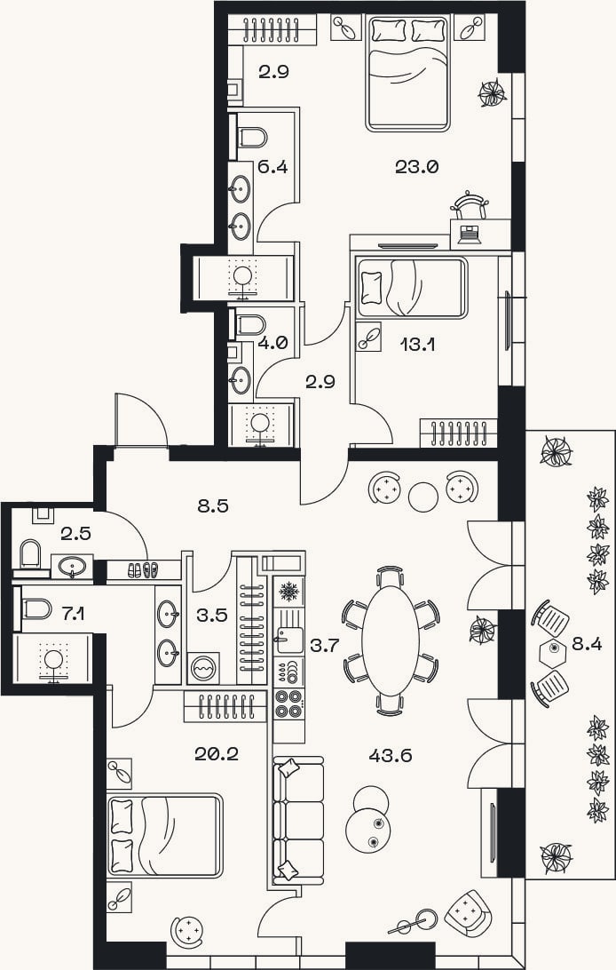 Планировка: 4+ к, 141,6 м²