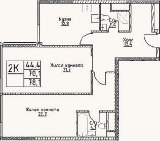 Планировка: 2-к, 78,1 м²
