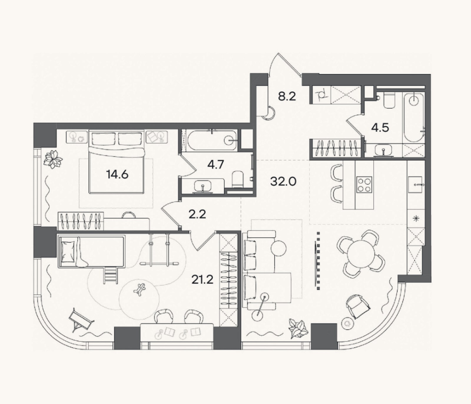 Планировка: 3-к, 87,4 м²
