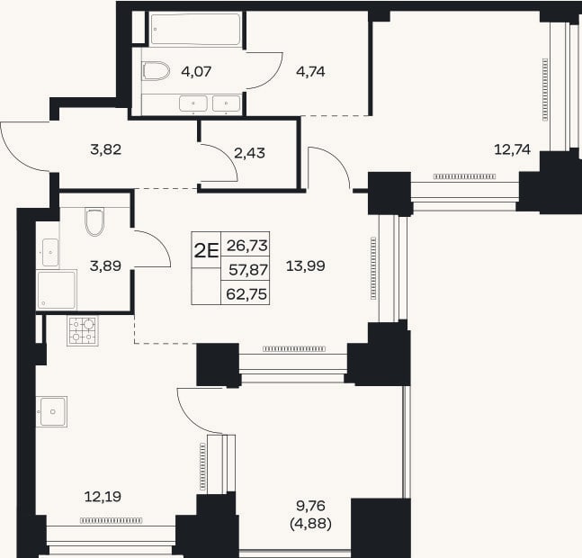 Планировка: 2-к, 57,9 м²