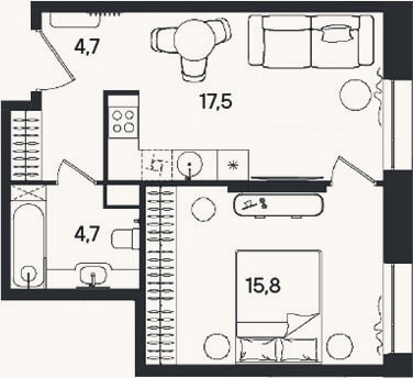 Планировка: 2-к, 42,7 м²