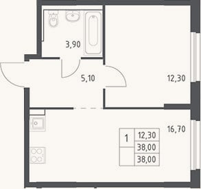 Планировка: 2-к, 38 м²