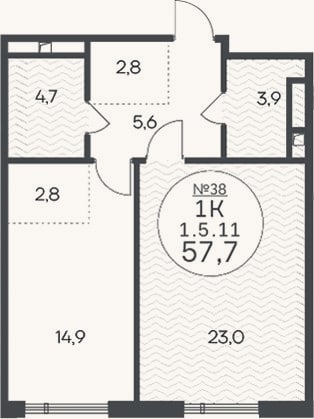 Планировка: 1-к, 57,7 м²