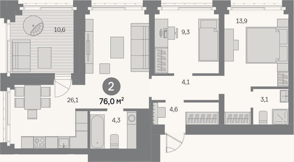 Планировка: 2-к, 65,4 м²