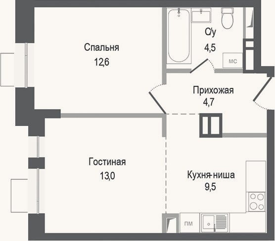 Планировка: 2-к, 44,3 м²