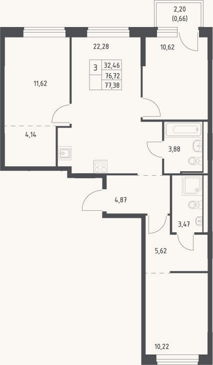 Планировка: 4+ к, 76,7 м²