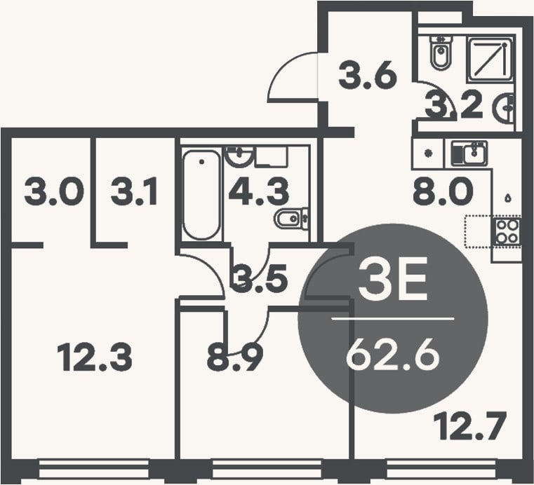 Планировка: 3-к, 62,6 м²