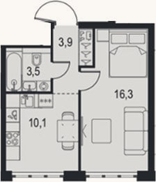 Планировка: 1-к, 33,8 м²