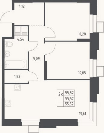 Планировка: 3-к, 55,5 м²