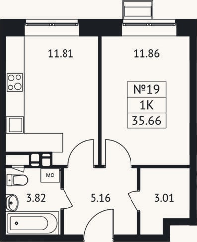 Планировка: 1-к, 35,7 м²