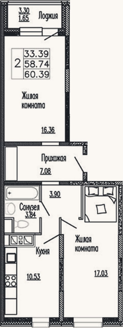 Планировка: 2-к, 58,7 м²