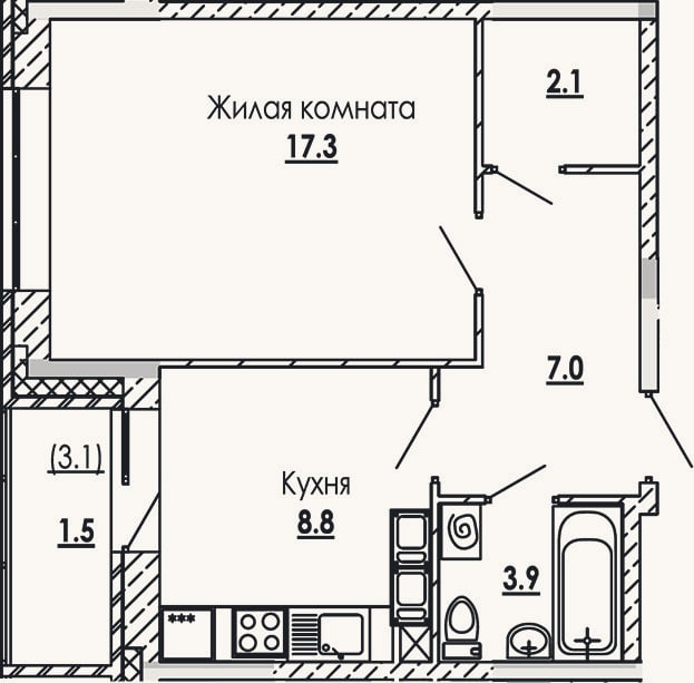 Планировка: 1-к, 39,1 м²