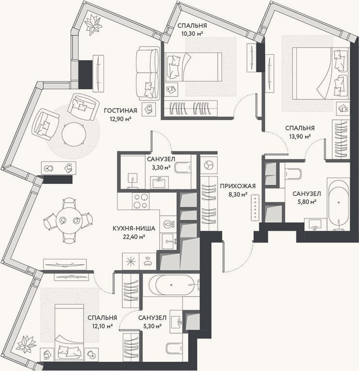 Планировка: 4+ к, 94,3 м²