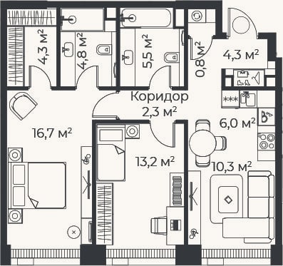 Планировка: 3-к, 68,4 м²