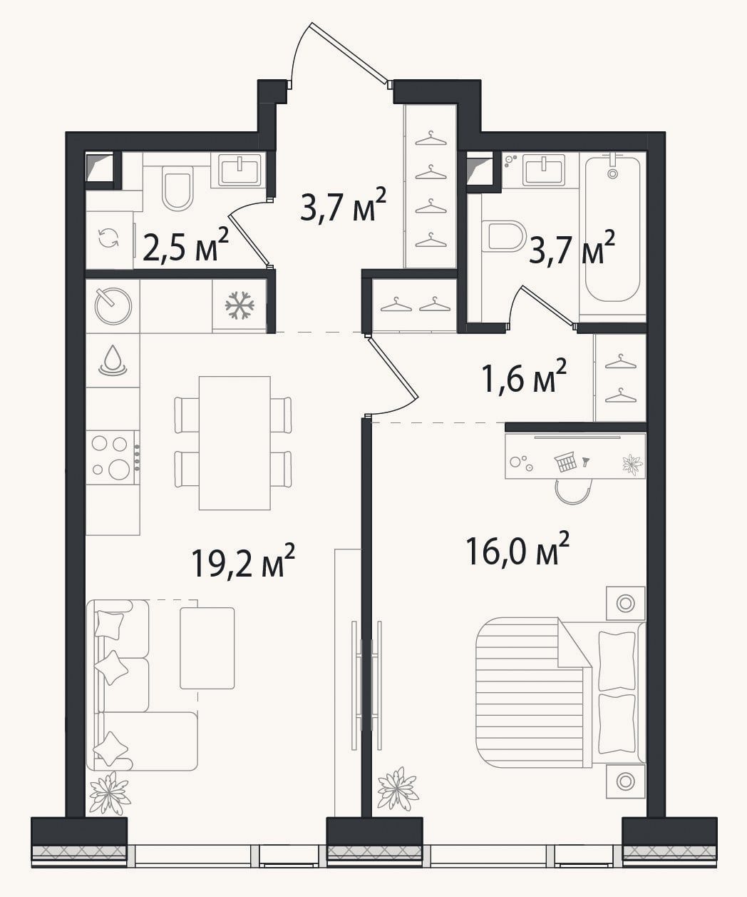 Планировка: 1-к, 46,7 м²