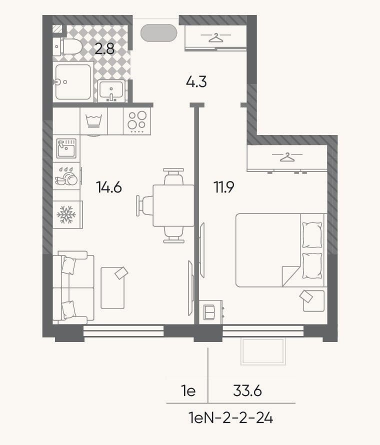 Планировка: 2-к, 33,6 м²