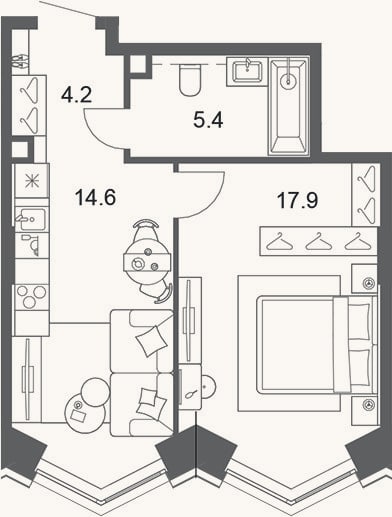 Планировка: 2-к, 42,1 м²