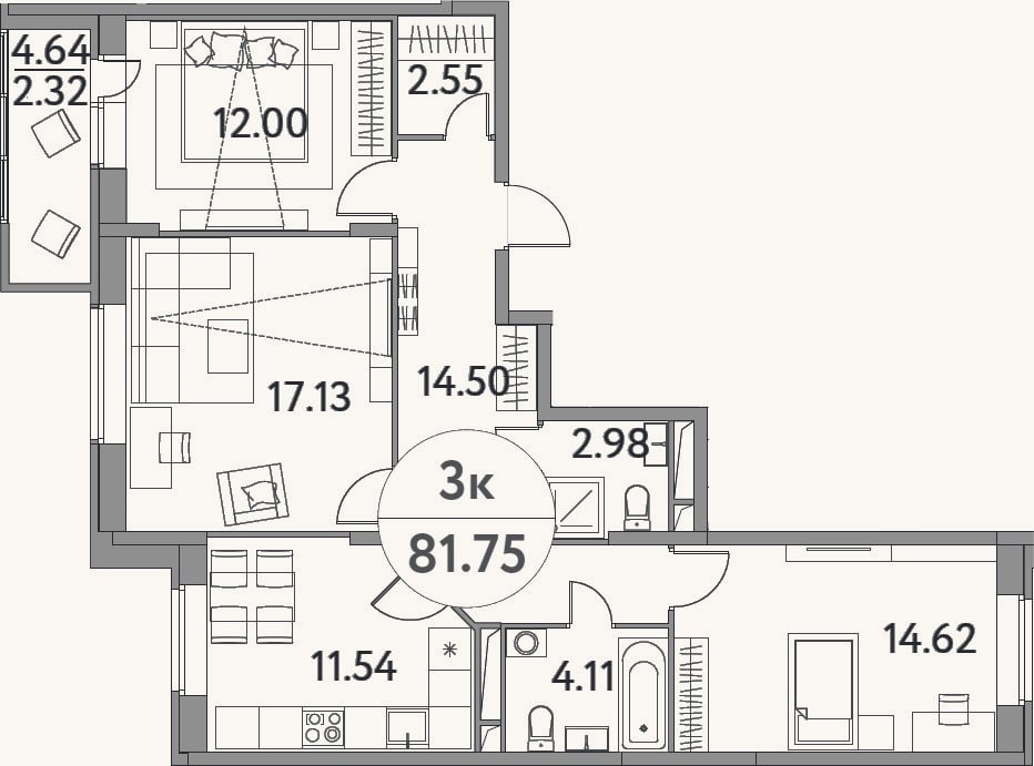 Планировка: 3-к, 79,4 м²