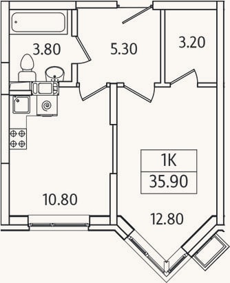 Планировка: 1-к, 35,9 м²