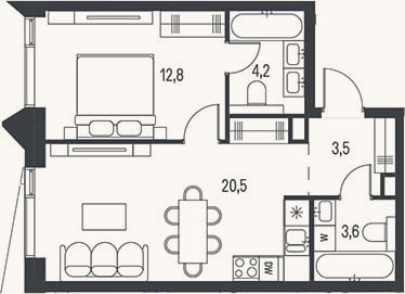 Планировка: 2-к, 44,6 м²