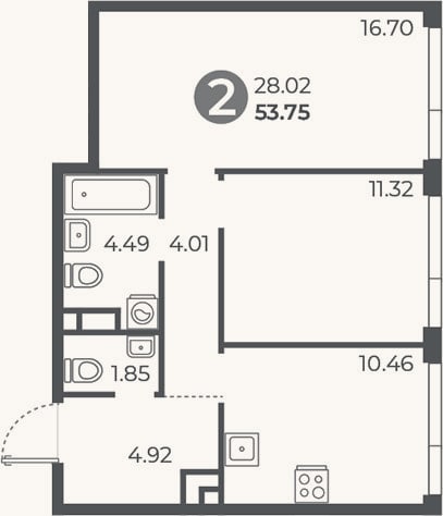 Планировка: 2-к, 53,8 м²