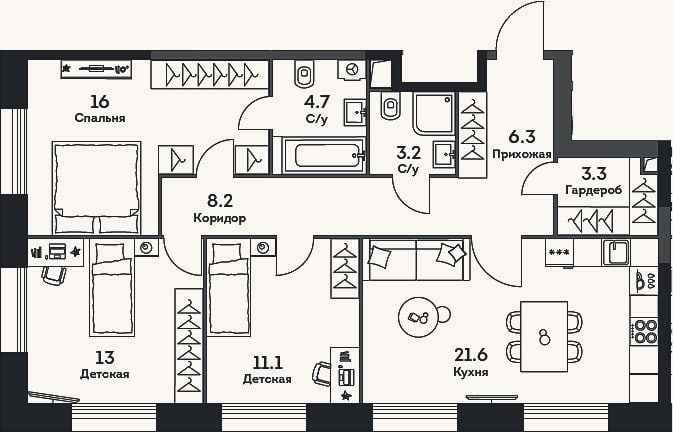 Планировка: 3-к, 87,4 м²