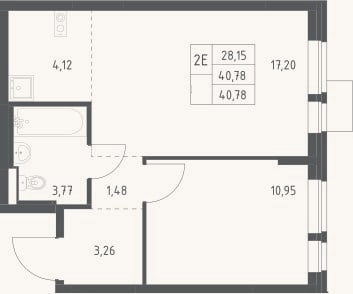 Планировка: 2-к, 40,8 м²