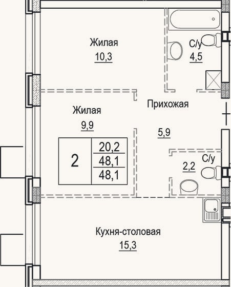 Планировка: 3-к, 48,1 м²