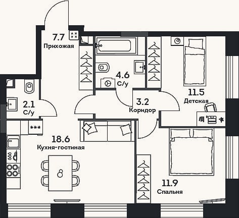 Планировка: 3-к, 59,6 м²