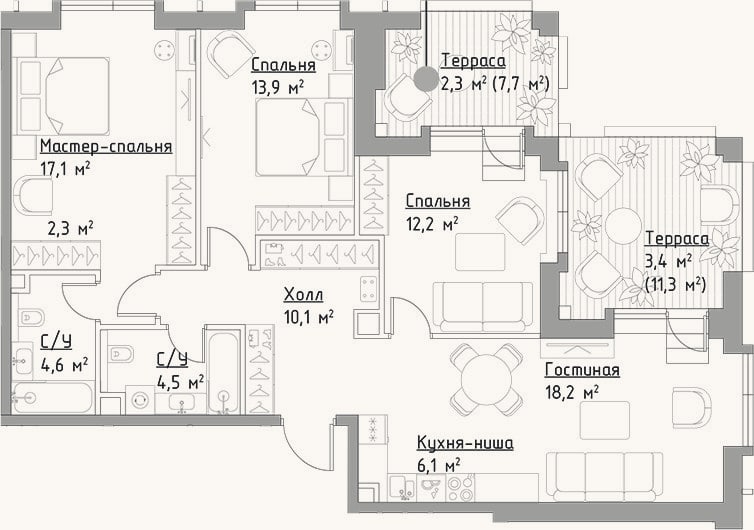 Планировка: 4+ к, 89 м²