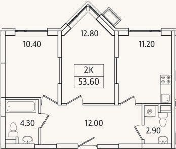 Планировка: 2-к, 53,6 м²