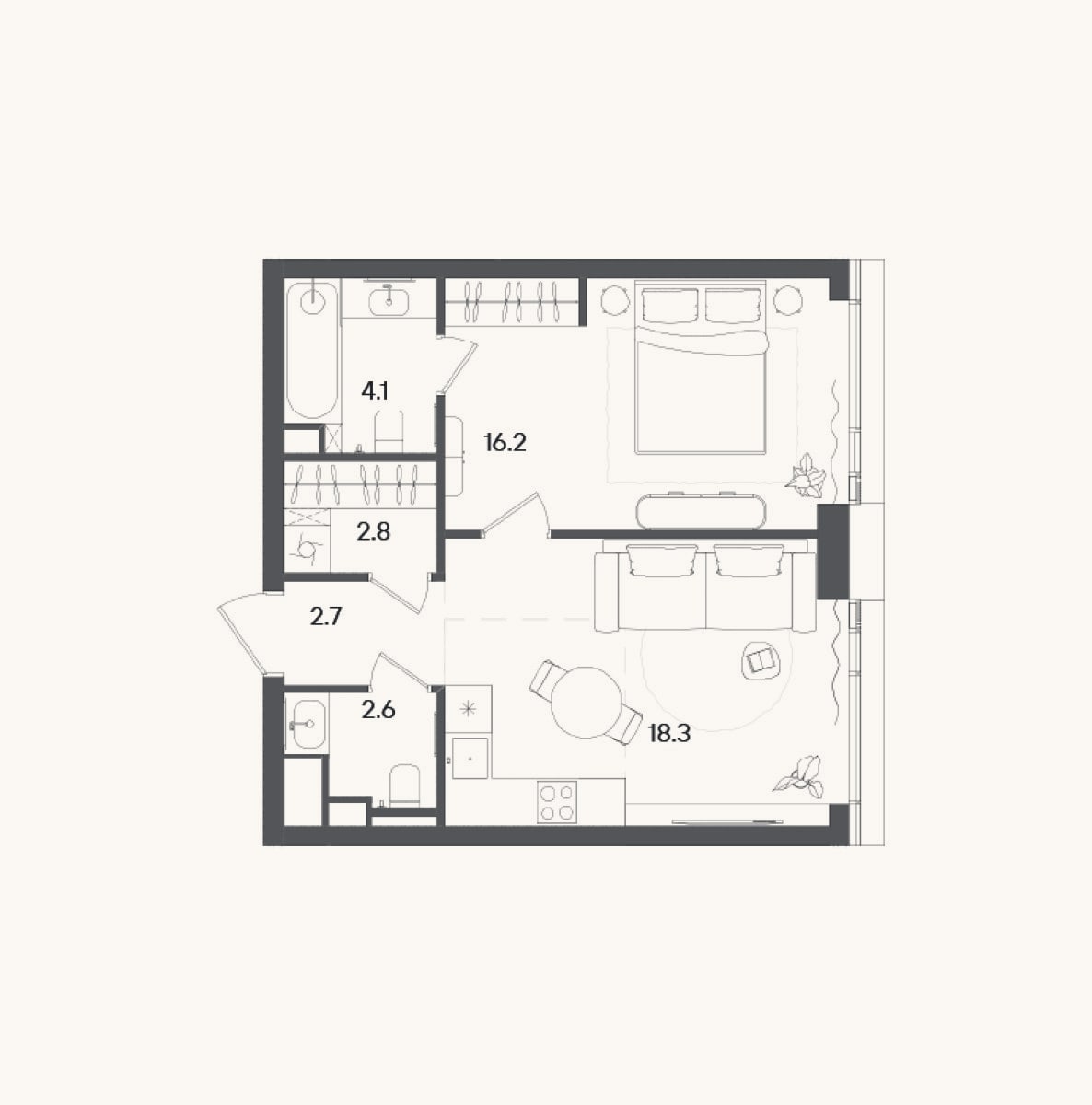 Планировка: 2-к, 47,2 м²