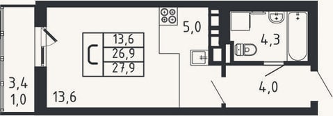 Планировка: Студия, 26,9 м²